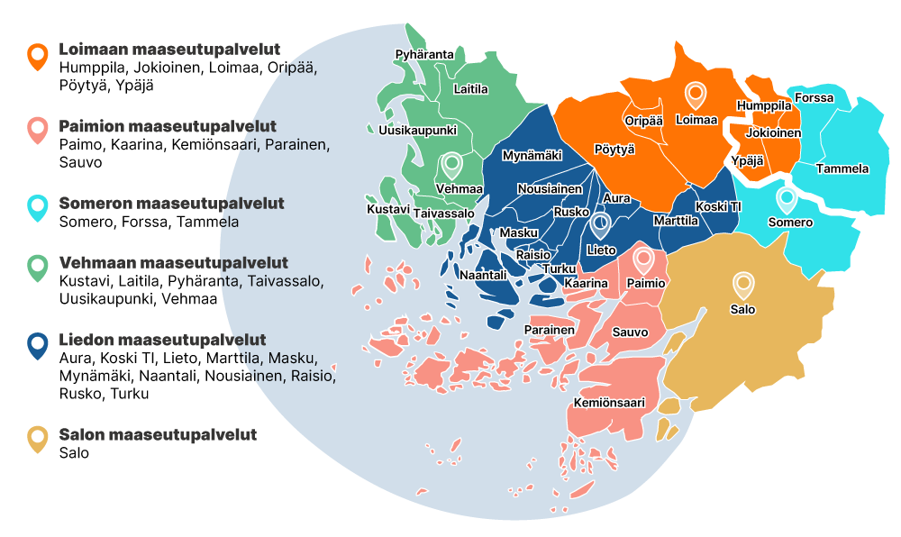 Varsinais-Suomen maaseutupalveluiden aluerahat kartalla. 